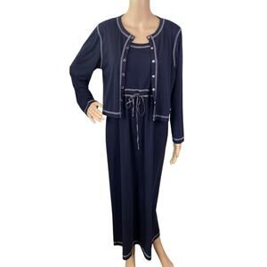 Vtg 90s Navy Blue White Stitch Cardigan + Maxi Dress Set SZ MP